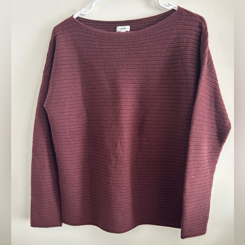Vince 100% Cashmere Ribbed Crewneck Sweater Burgundy